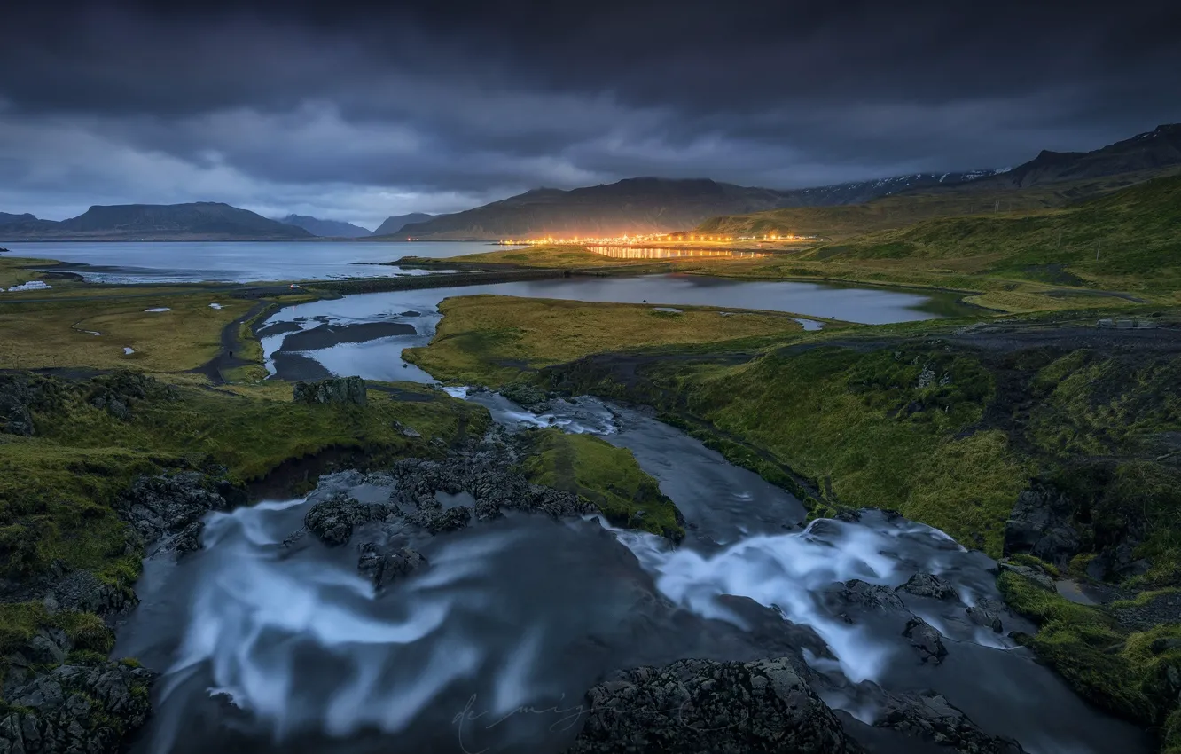 Photo wallpaper mountains, lights, river, stream, the evening, Iceland