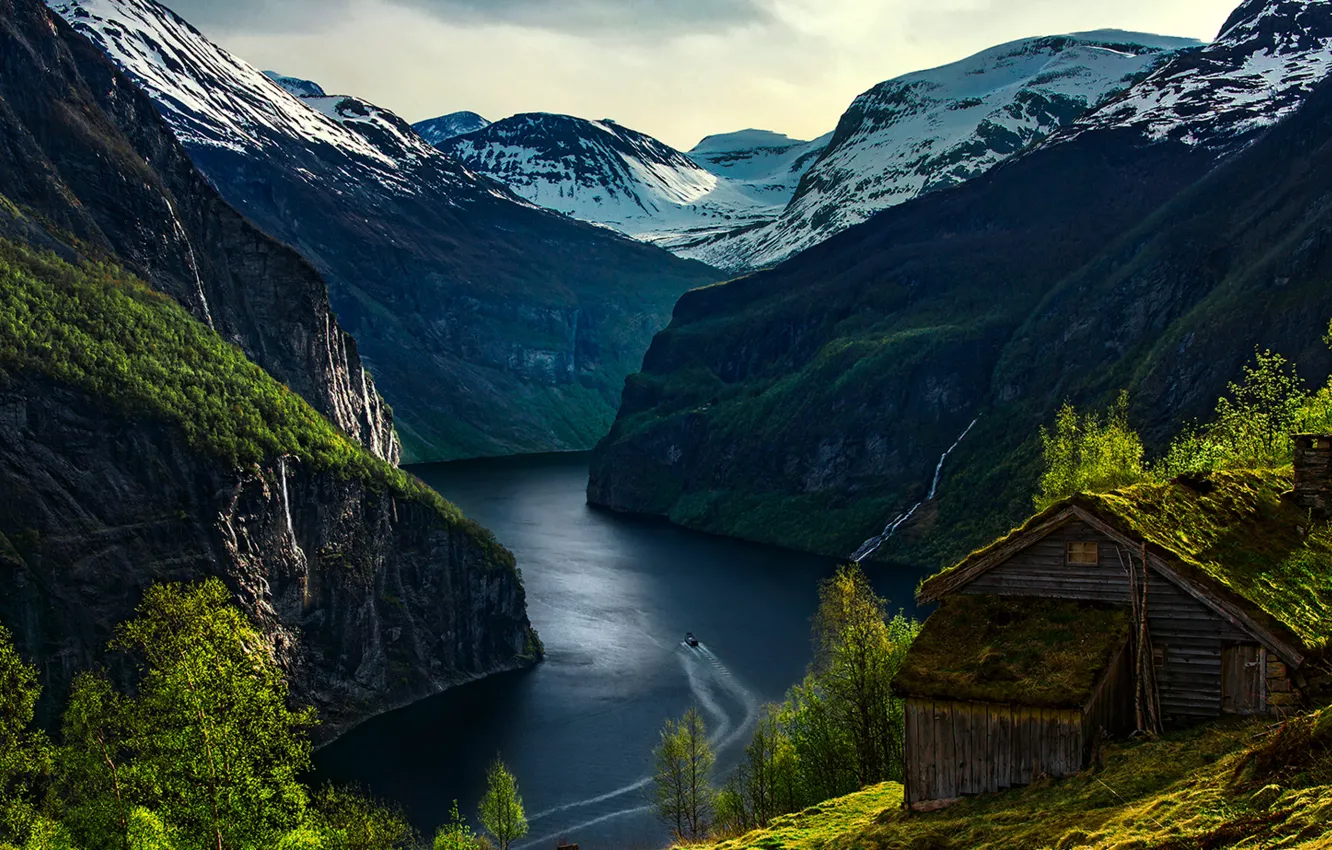 Photo wallpaper House, landscape, Norway, boat, House on Geiranger Fjord in Norway