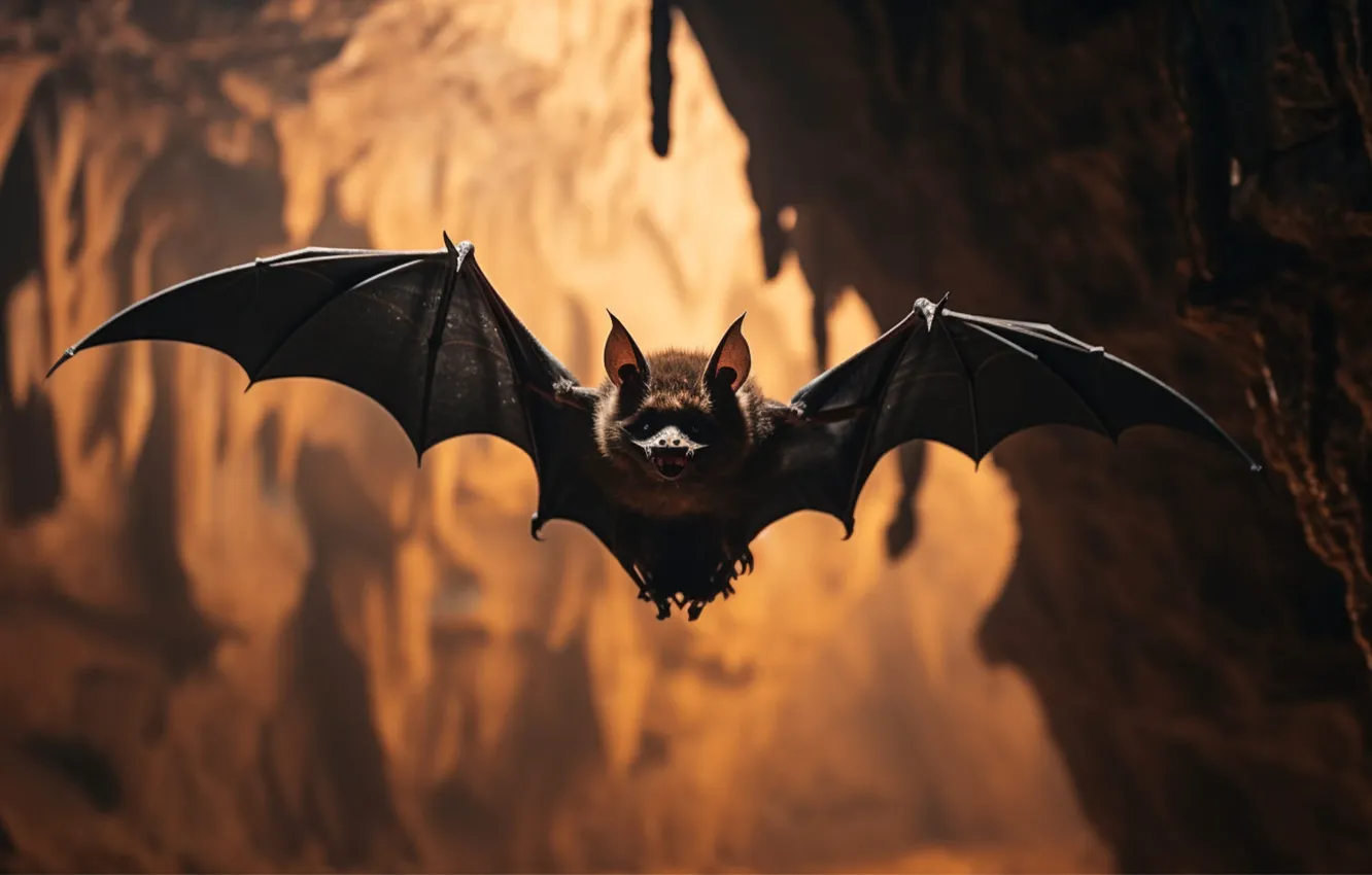 Photo wallpaper look, flight, nature, wings, bat, cave, face, wingspan