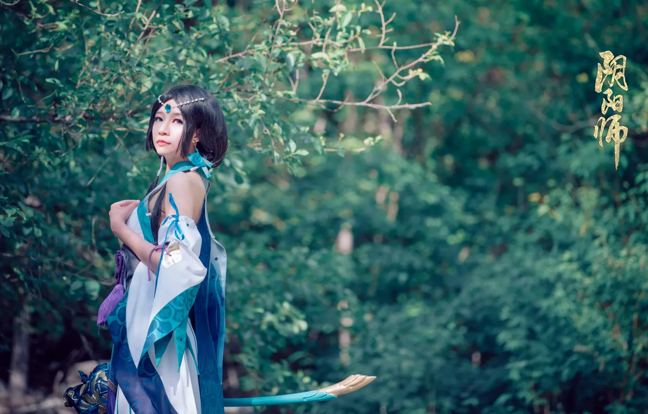 Photo wallpaper look, decoration, trees, foliage, brunette, trees, cosplay, cosplay