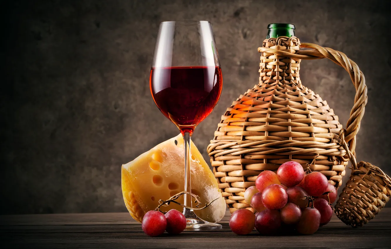 Photo wallpaper glass, cheese, grapes, still life, red wine, bottle