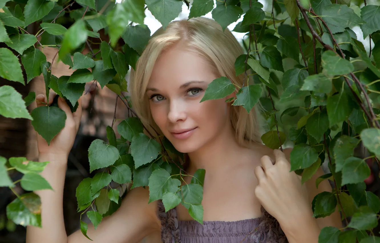 Photo wallpaper look, leaves, smile, dress, blonde, Feeona