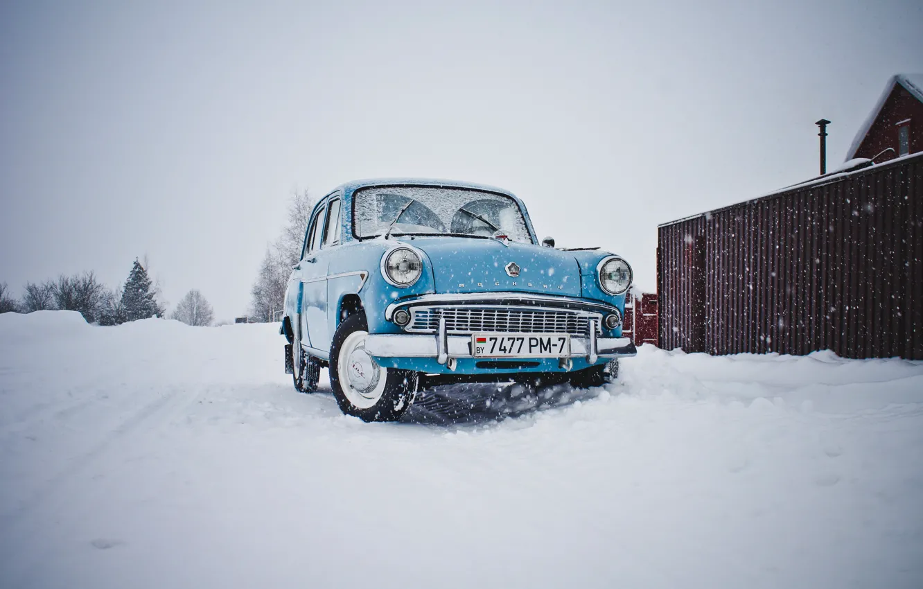 Photo wallpaper machine, snow, Moskvich 407