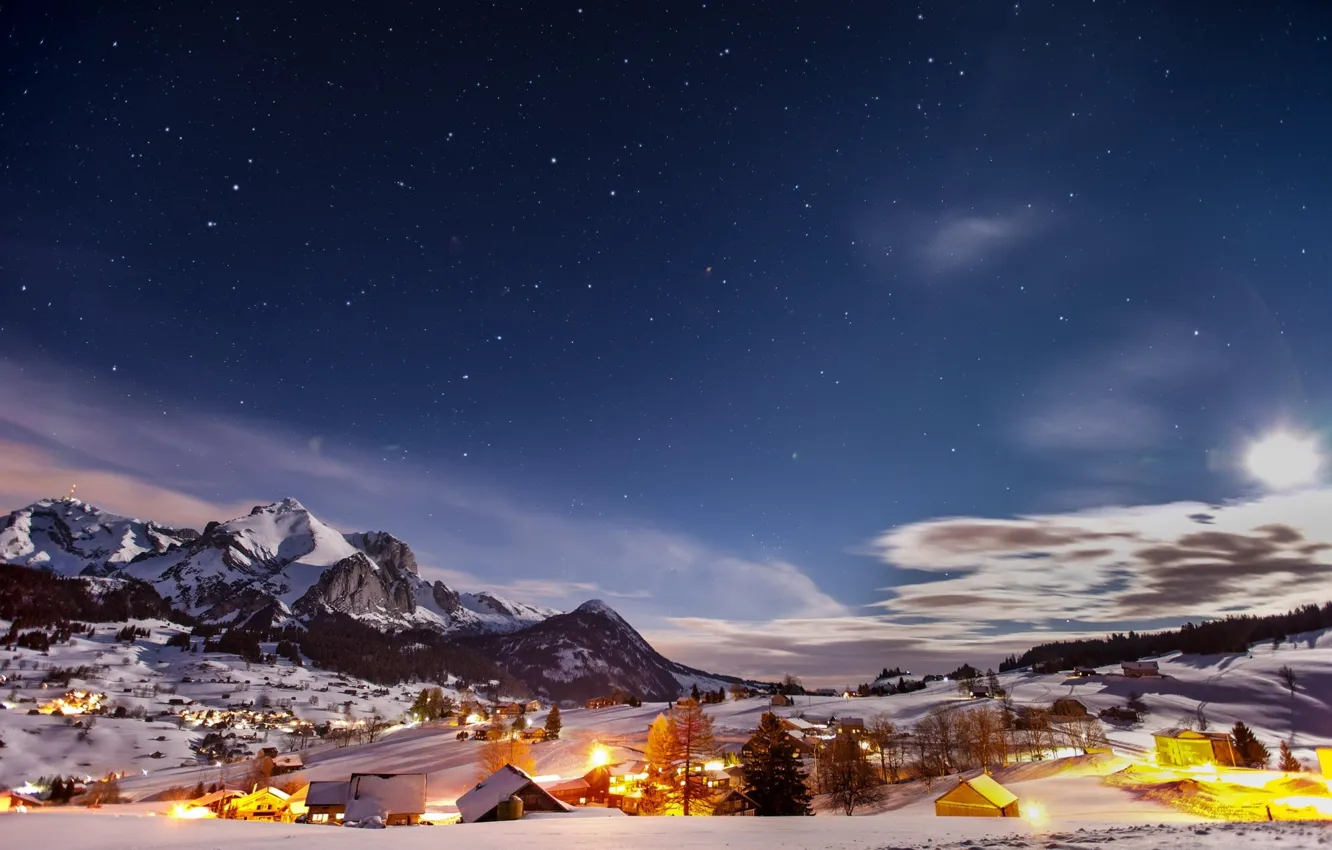 Photo wallpaper winter, snow, mountains, night, lights, town