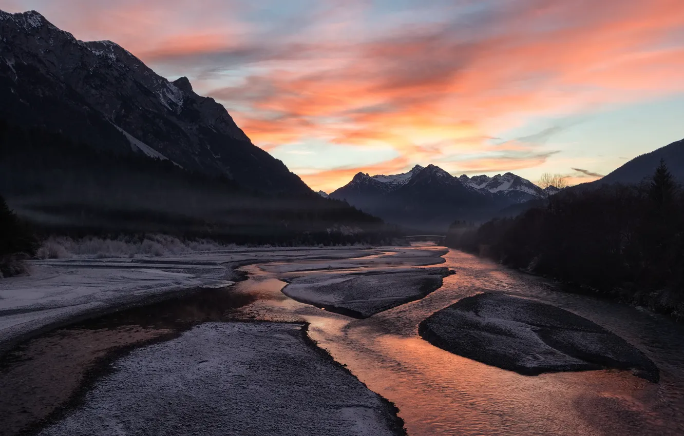 Photo wallpaper the sky, mountains, river
