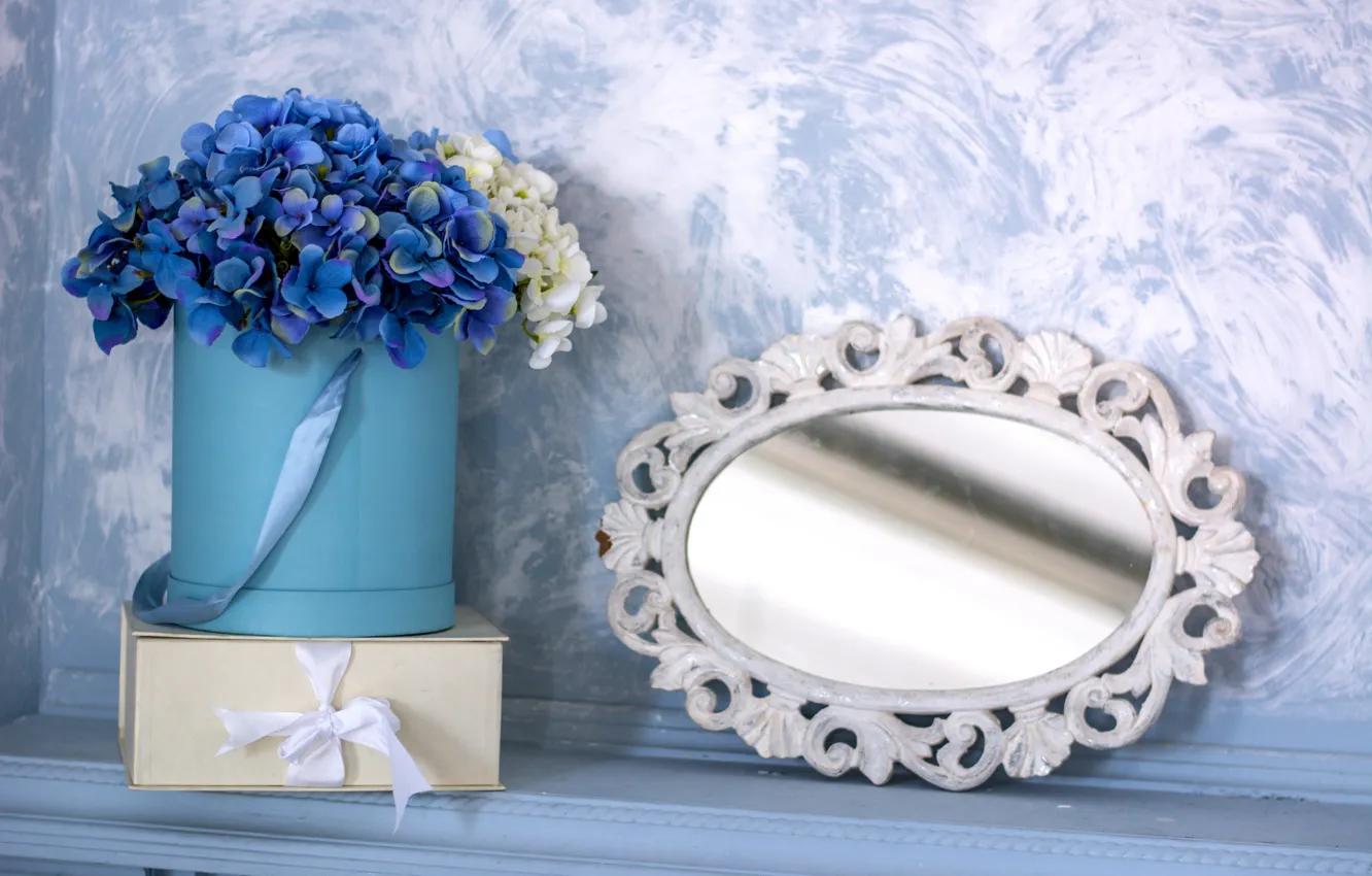Photo wallpaper flowers, grey, wall, box, gift, blue, interior, bouquet