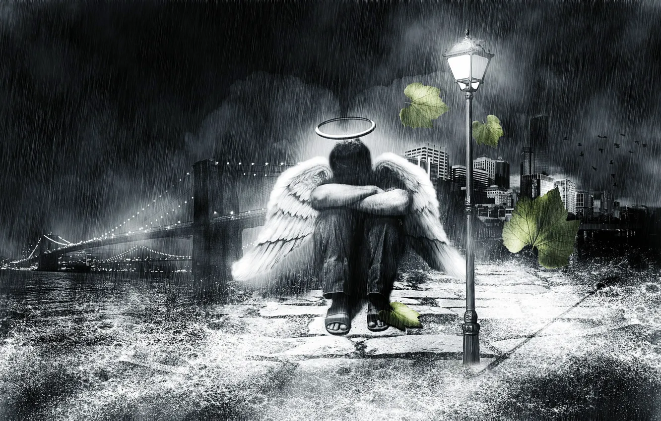 Photo wallpaper sadness, leaves, night, bridge, the city, lights, loneliness, rain