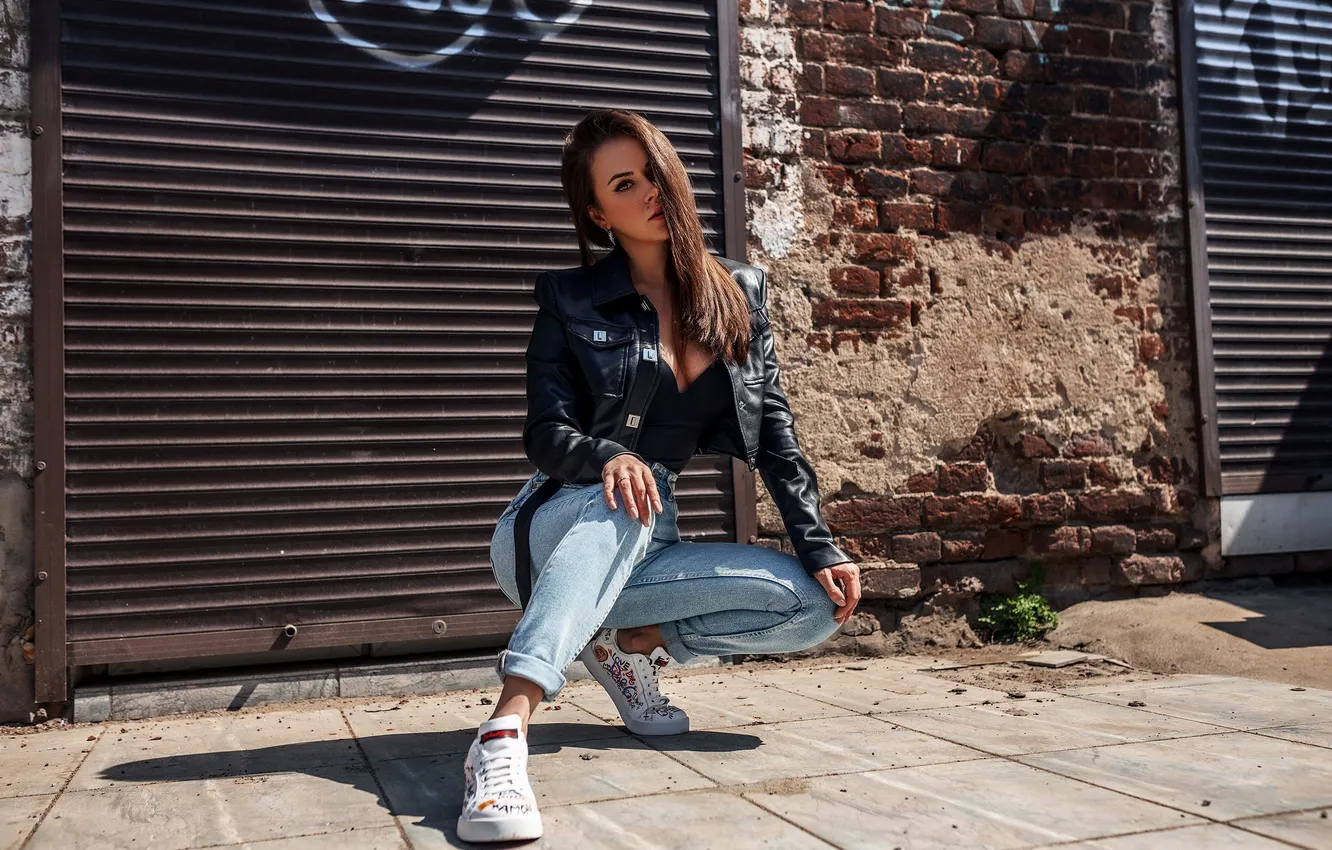 Photo wallpaper girl, pose, jeans, jacket, long hair, Vadim Podoprigora