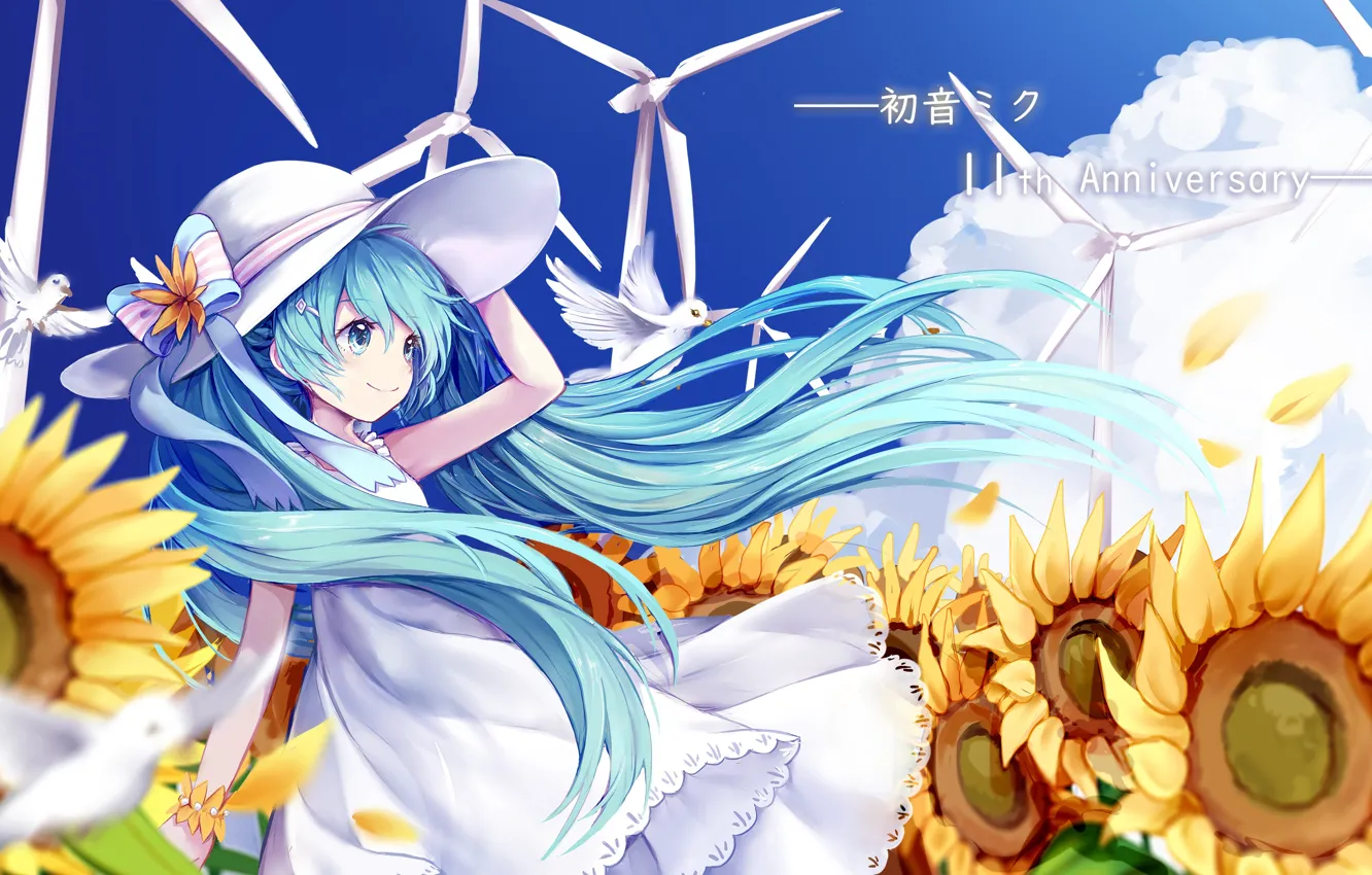 Photo wallpaper sunflowers, girl, vocaloid, hatsune miku, Vocaloid, wind turbine, Hatsune Miku