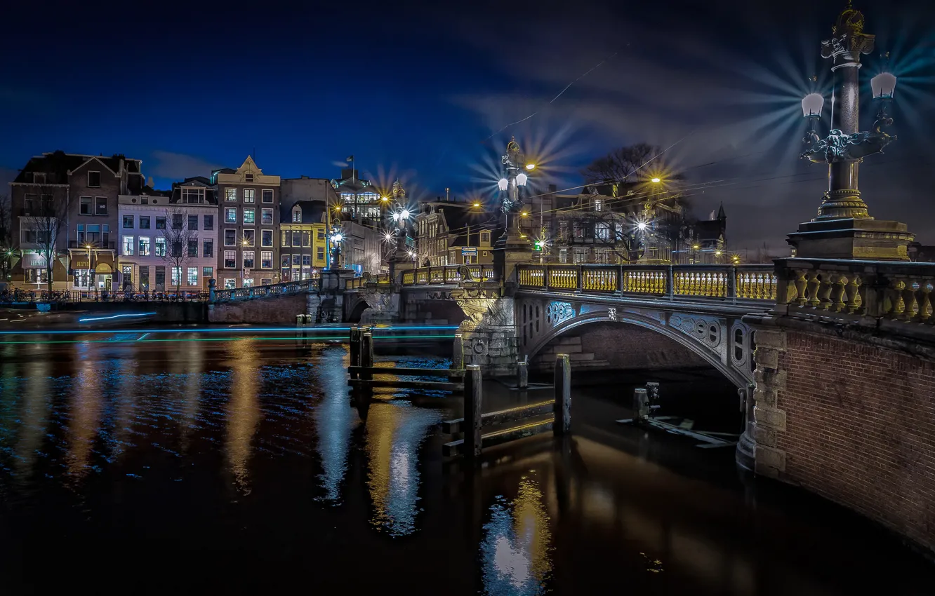 Photo wallpaper night, bridge, lights, Amsterdam, Netherlands