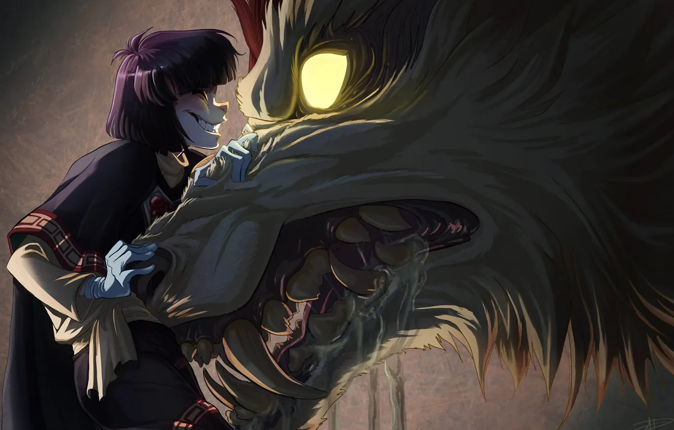 Photo wallpaper wolf, mouth, fangs, grin, drool, burning eyes, pet