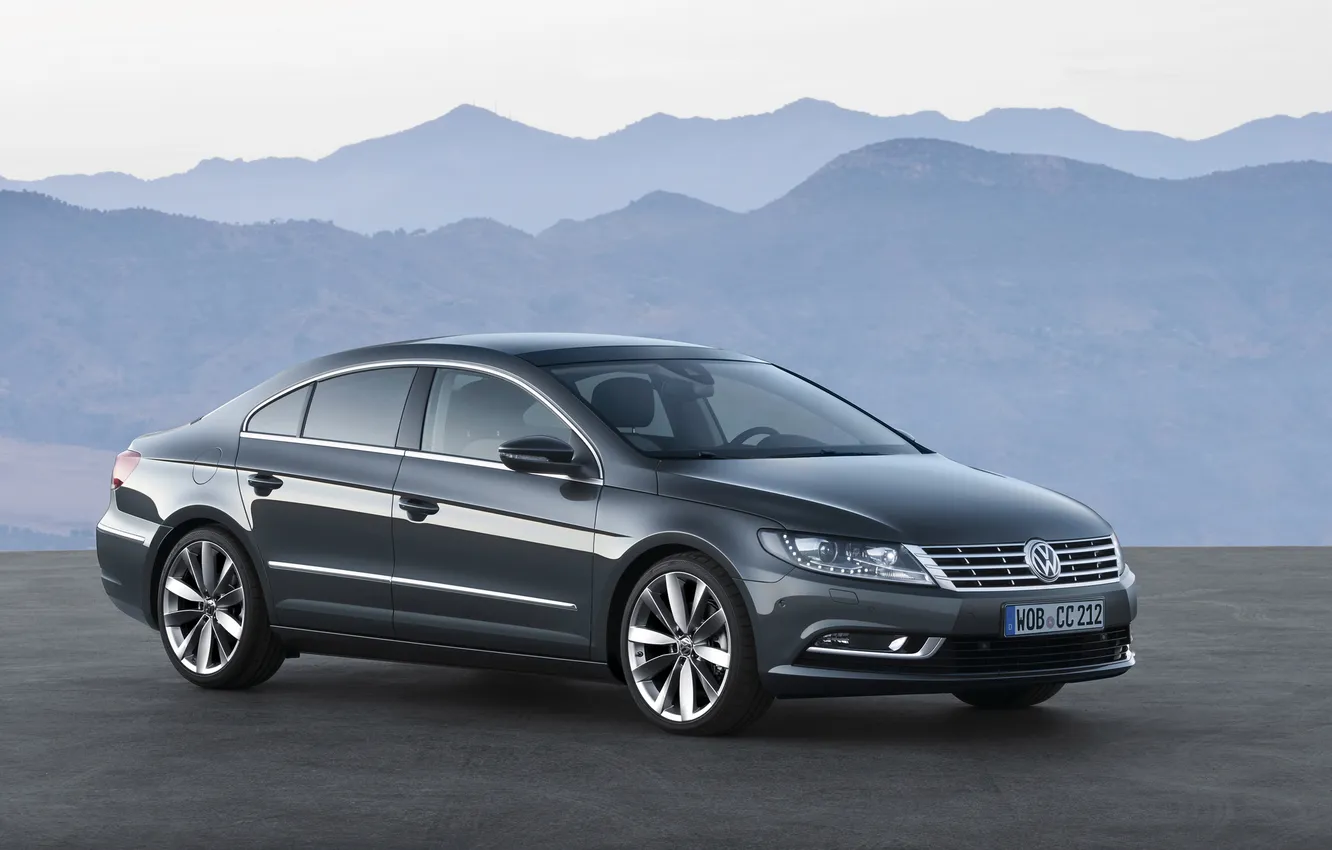 Photo wallpaper mountains, grey, Volkswagen, sedan, the front, Volkswagen, Passat, Passat