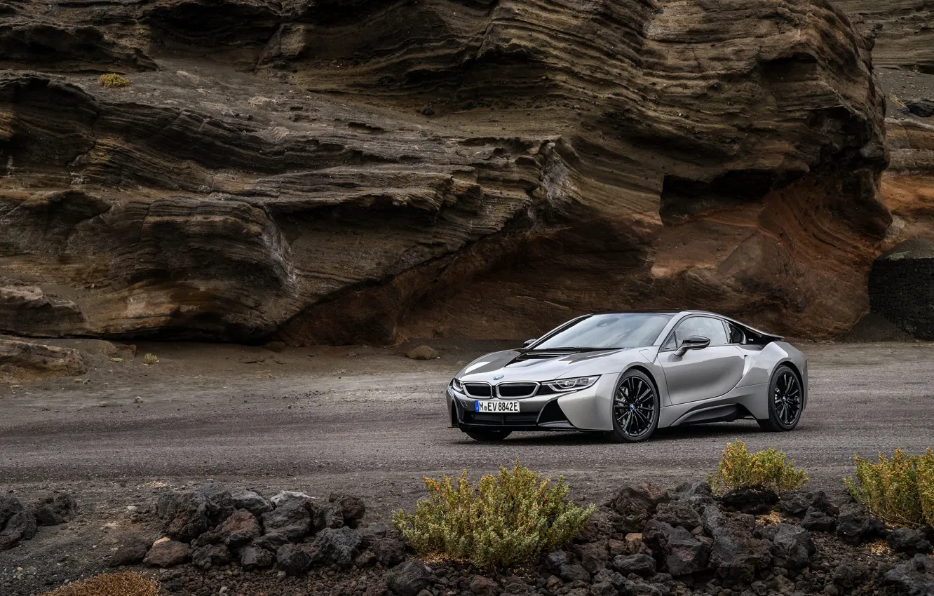 Photo wallpaper road, rock, coupe, BMW, 2018, i8, i8 Coupe