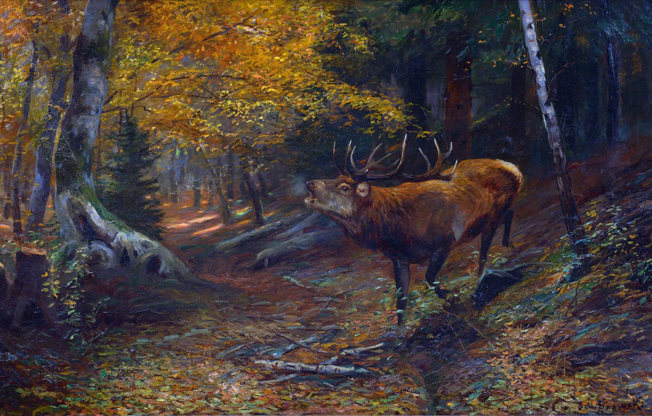 Photo wallpaper autumn, forest, trees, picture, deer, horns, German animal painter, Carl Ritter von Dombrowski