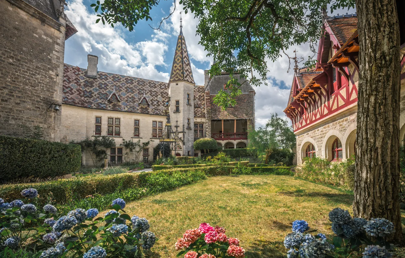 Photo wallpaper flowers, castle, France, garden, France, hydrangea, Burgundy, Burgundy