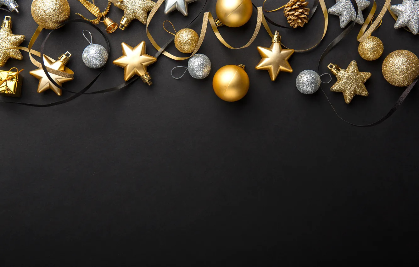 Photo wallpaper decoration, holiday, balls, new year, black background, gold, decor, Valeria Maksakova