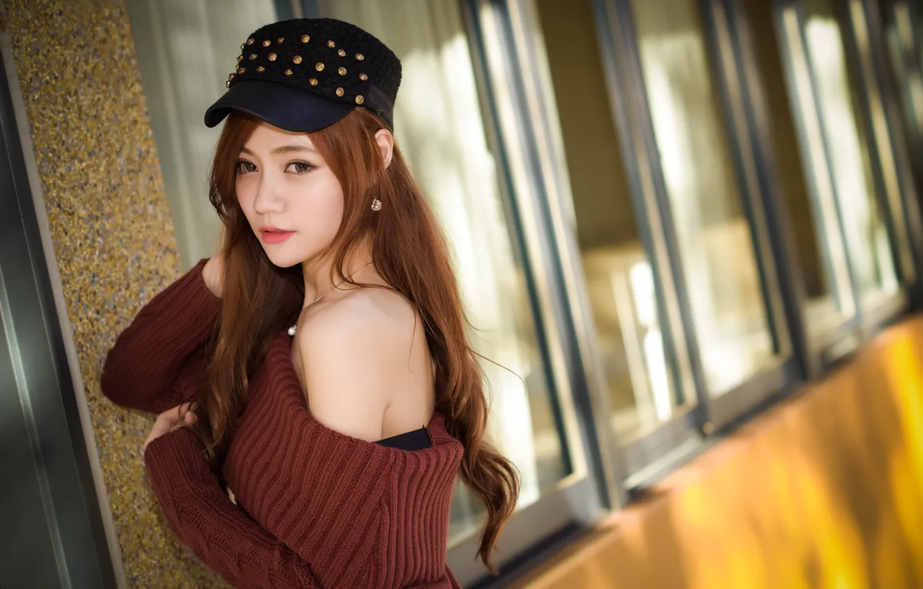 Photo wallpaper look, girl, hair, cap, Asian