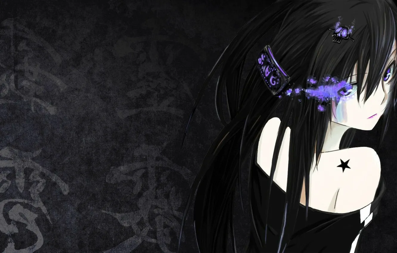 Photo wallpaper girl, the dark background, star, brunette, characters, girl, star, brunette, anime art, dark background, hieroglyphs, …