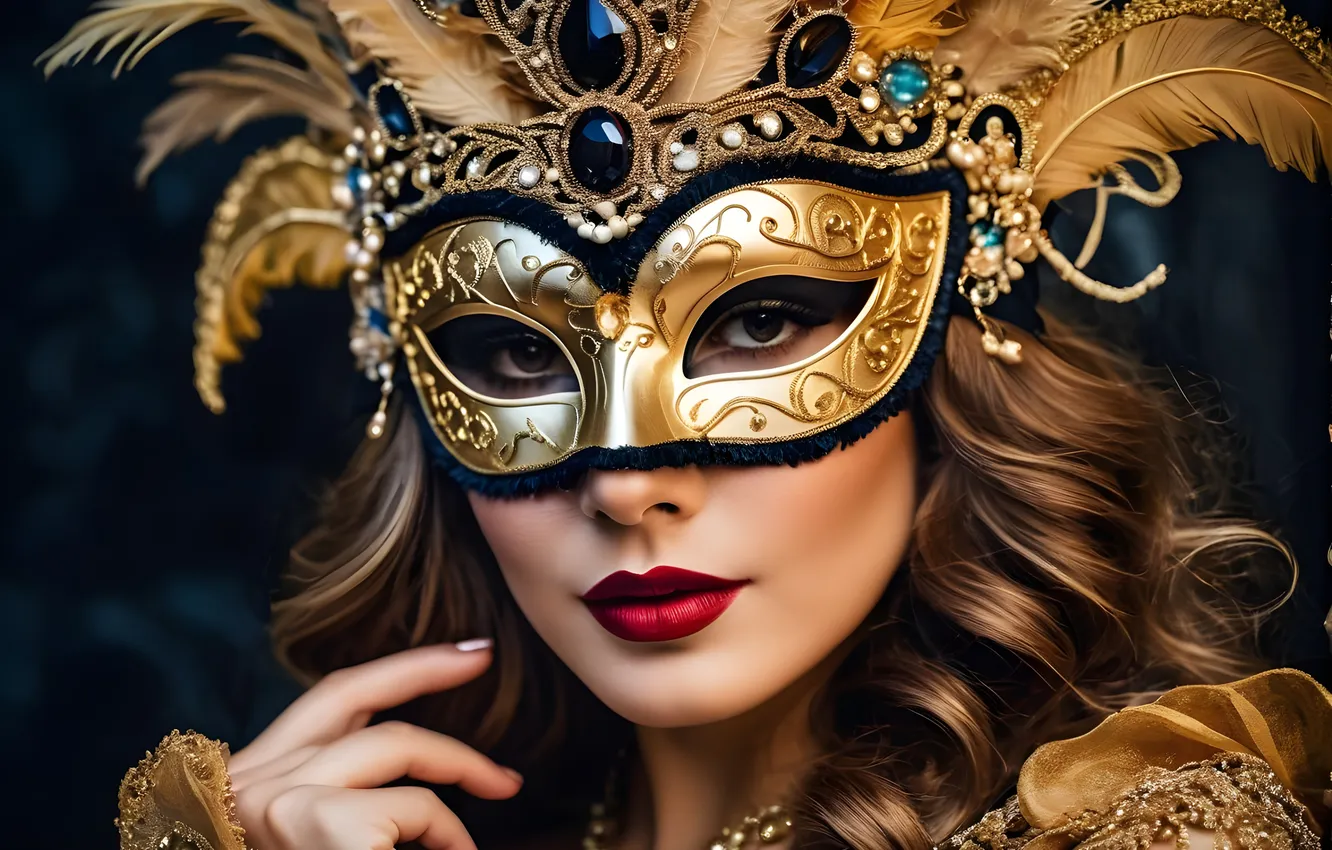 Photo wallpaper girl, feathers, mask, Carnival Mask, AI art, neural network