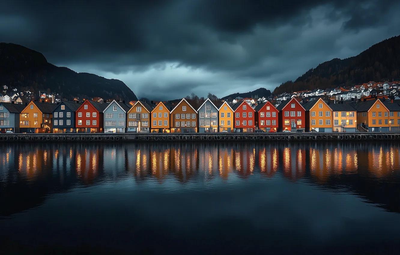 Photo wallpaper forest, the sky, water, mountains, night, clouds, the city, lights