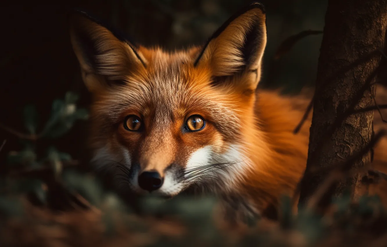 Photo wallpaper forest, look, face, trees, branches, the dark background, portrait, Fox