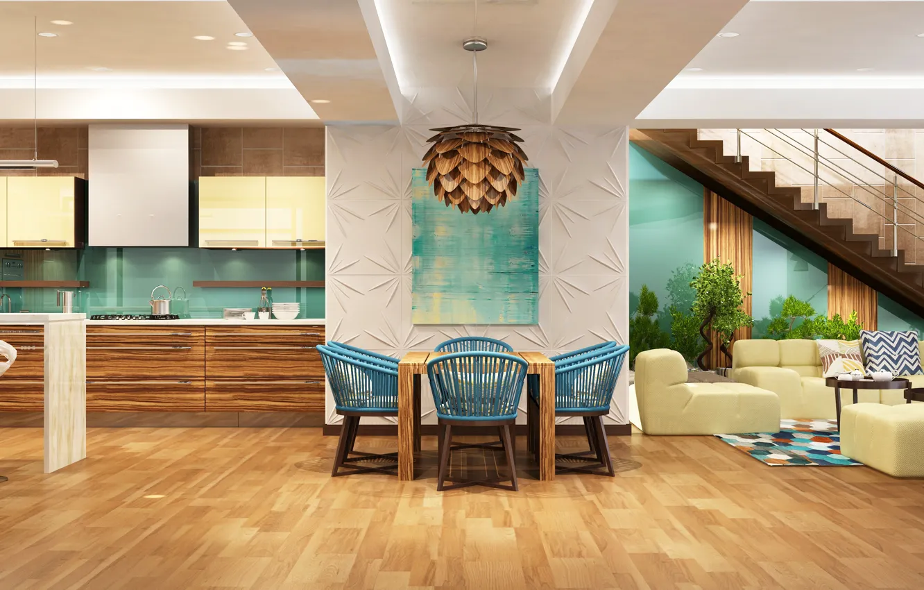 Photo wallpaper design, kitchen, living room, ladder, table, furniture, graphics, interior