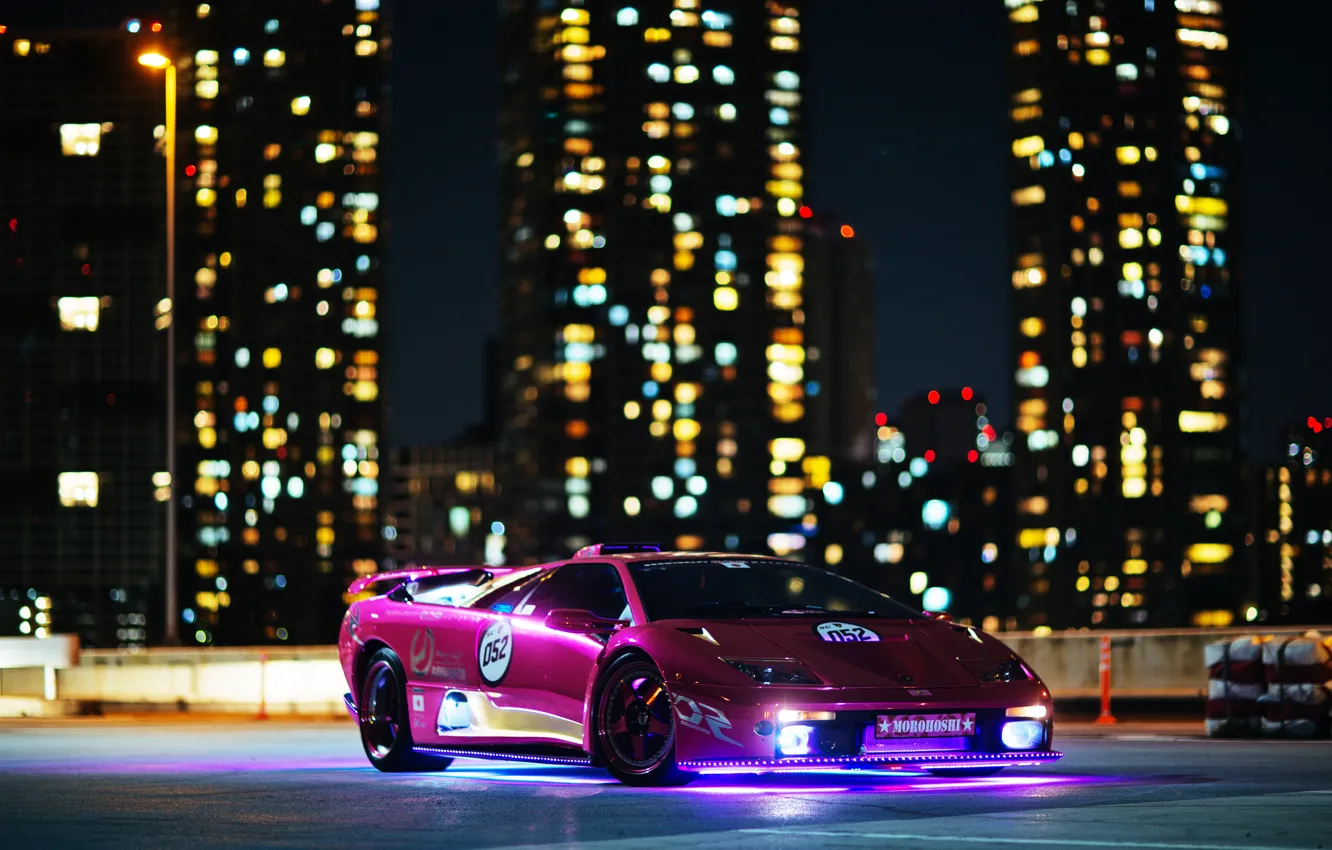 Photo wallpaper night, lights, building, Lamborghini, Diablo, Diablo, lamborghi