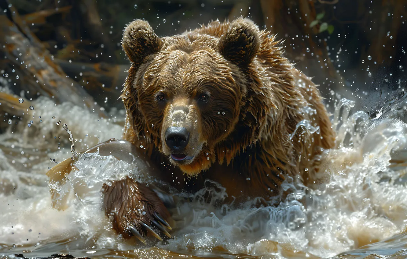 Photo wallpaper face, water, predator, bear, river, brown bear, digital art, AI art