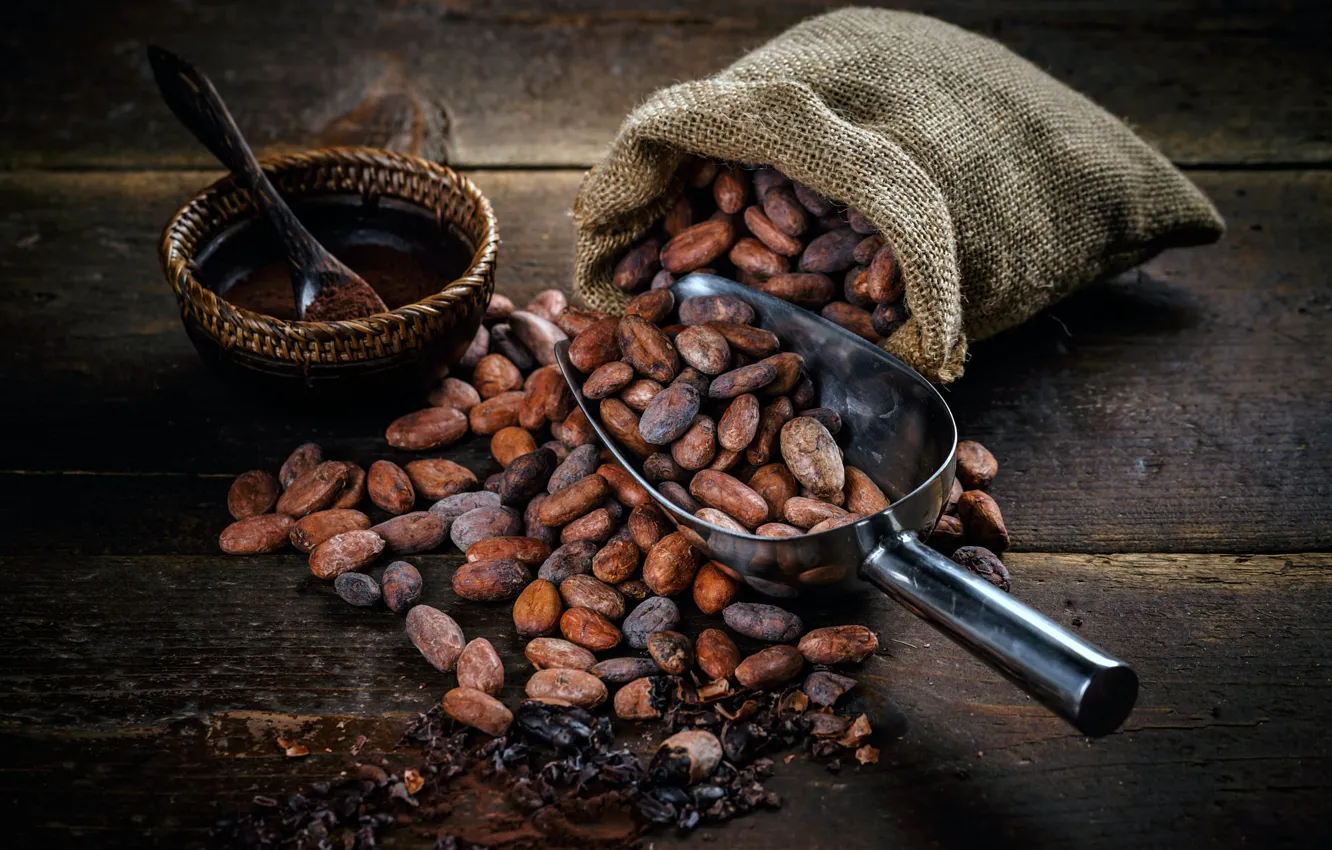 Photo wallpaper Board, bowl, bag, cocoa, scoop, cocoa beans