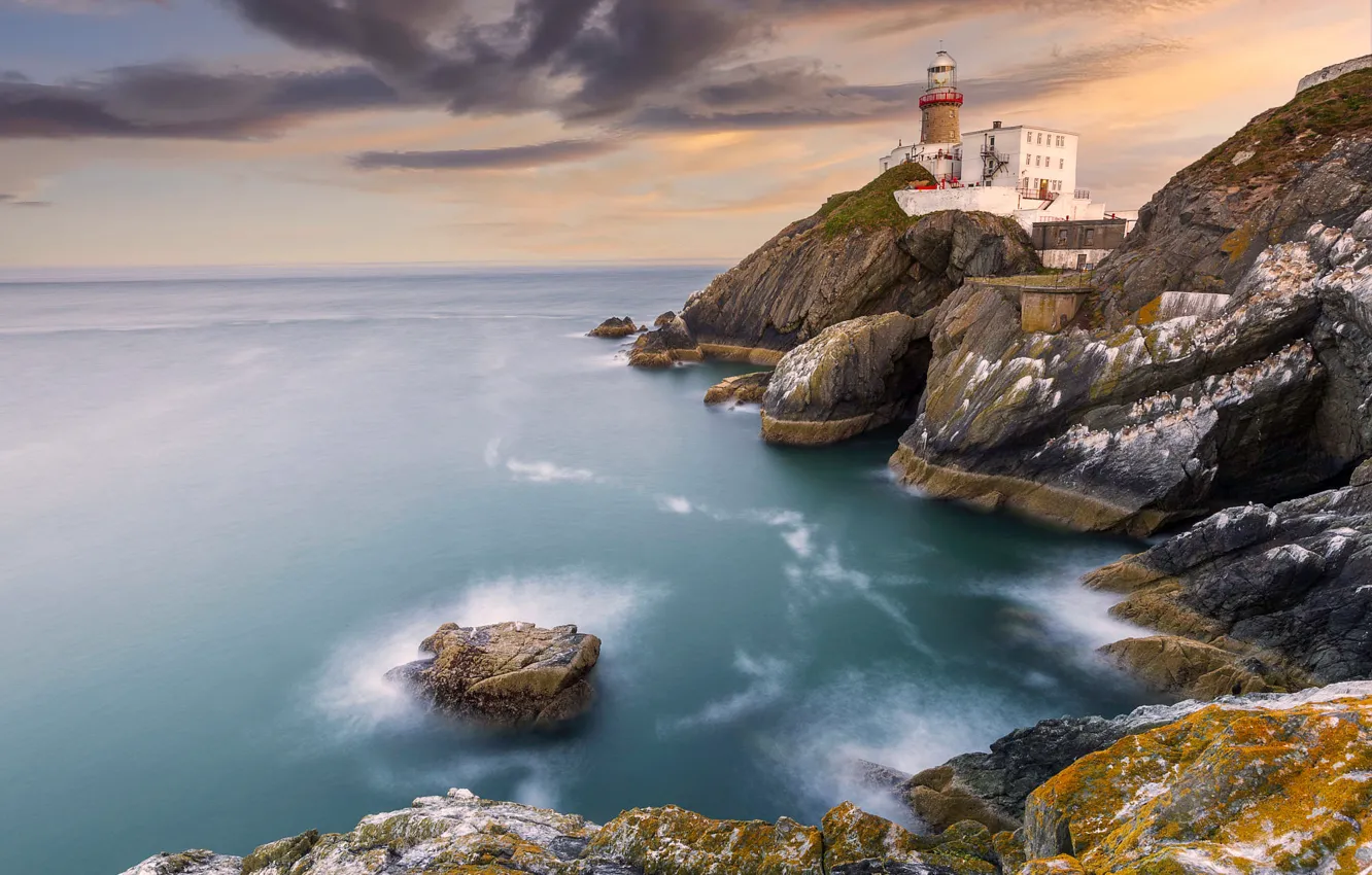 Photo wallpaper sea, the sky, clouds, rocks, shore, view, lighthouse