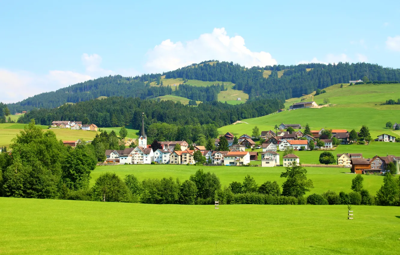 Photo wallpaper hills, field, home, Switzerland, forest, Sankt Gallen