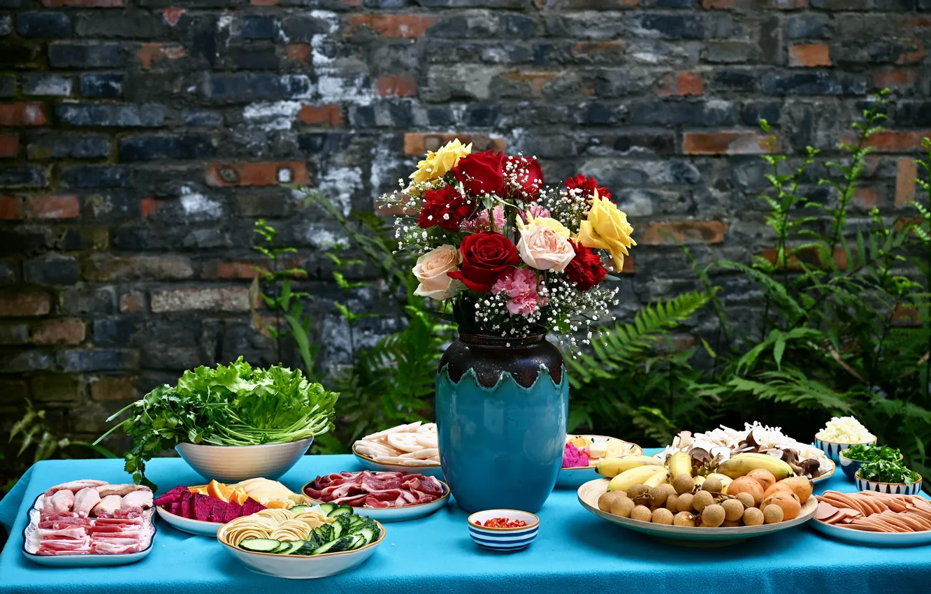 Photo wallpaper flowers, table, food, bouquet, meat, fruit, sausage, salad