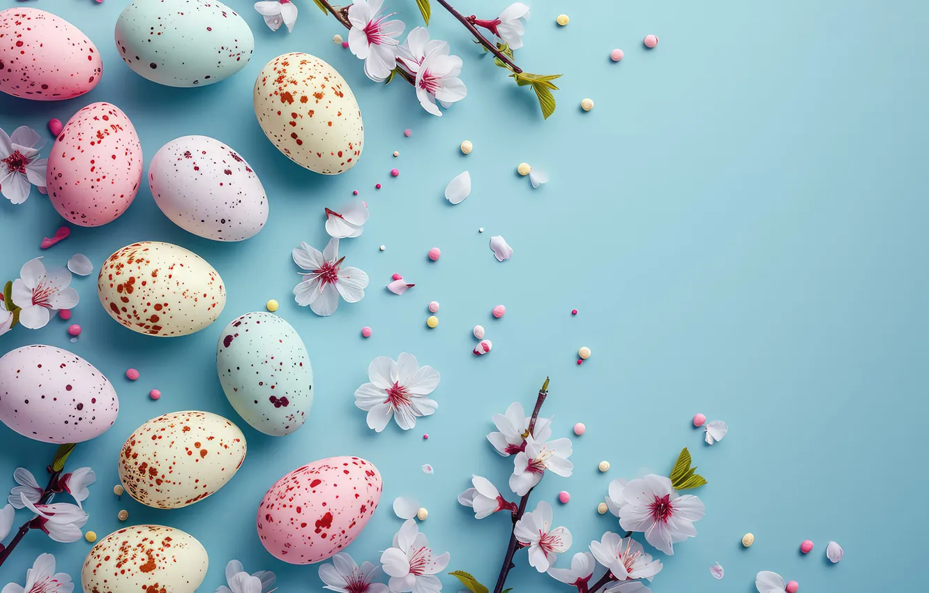 Photo wallpaper flowers, eggs, spring, Easter, blossom, flowers, spring, Easter