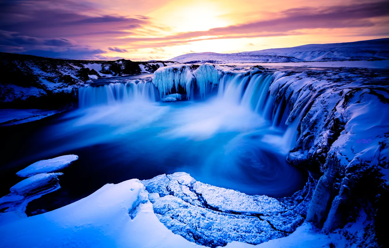 Photo wallpaper ice, winter, clouds, snow, mountains, river, waterfall, the evening