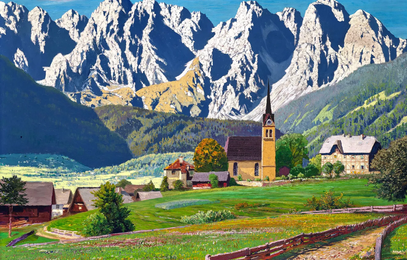 Photo wallpaper trees, mountains, home, picture, Church, Alois Arnegger, Austrian painter, Alois Arnegger