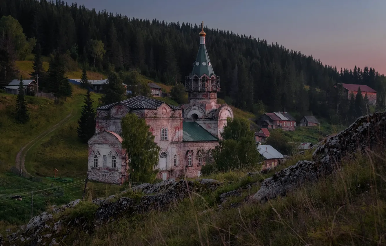 Photo wallpaper forest, landscape, sunset, nature, rocks, home, the evening, Church