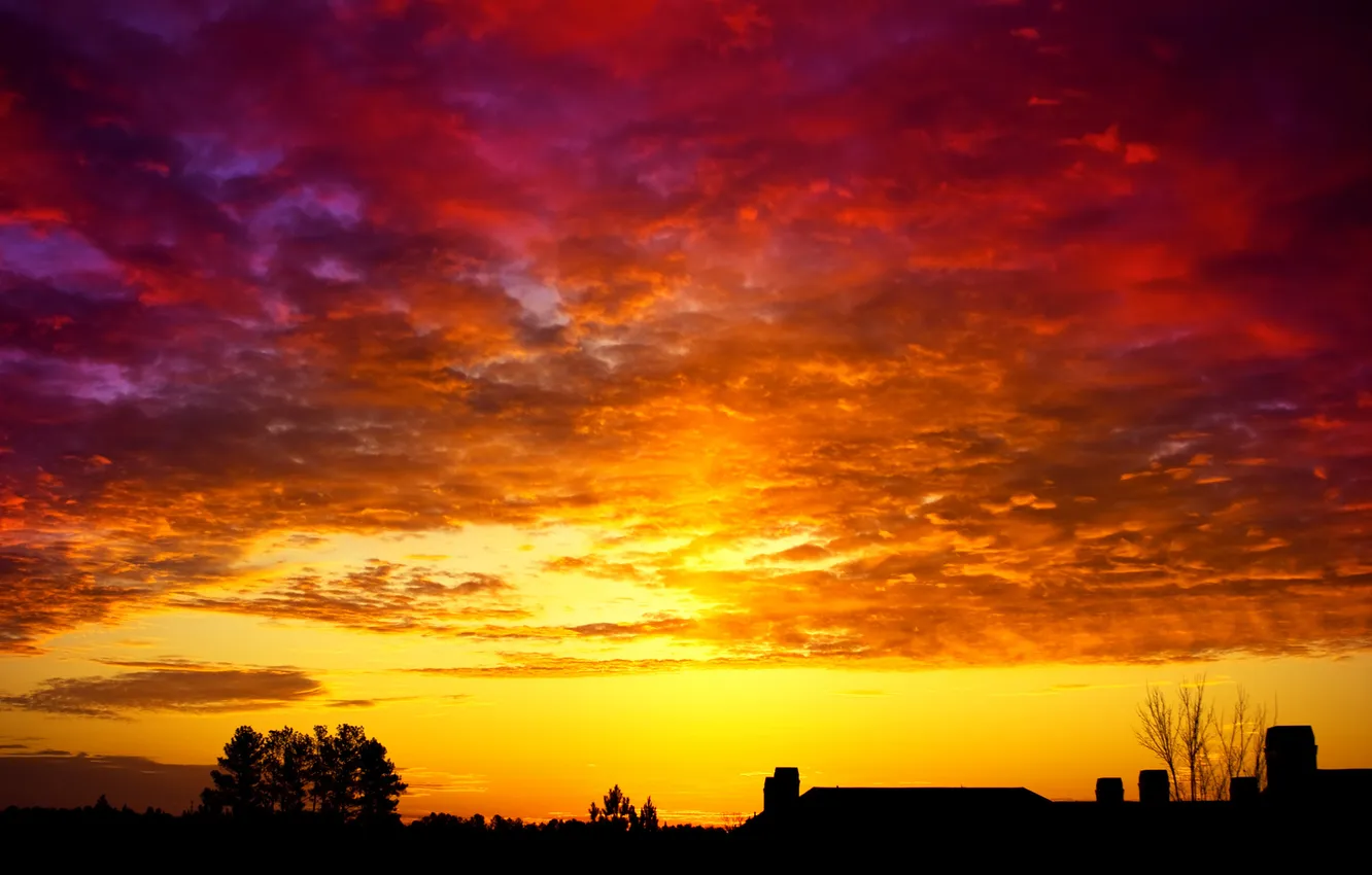 Photo wallpaper roof, the sky, clouds, home, silhouette, glow