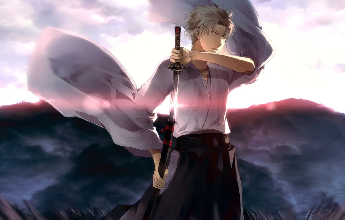 Photo wallpaper grass, mountains, glare, the wind, sword, guy, blonde