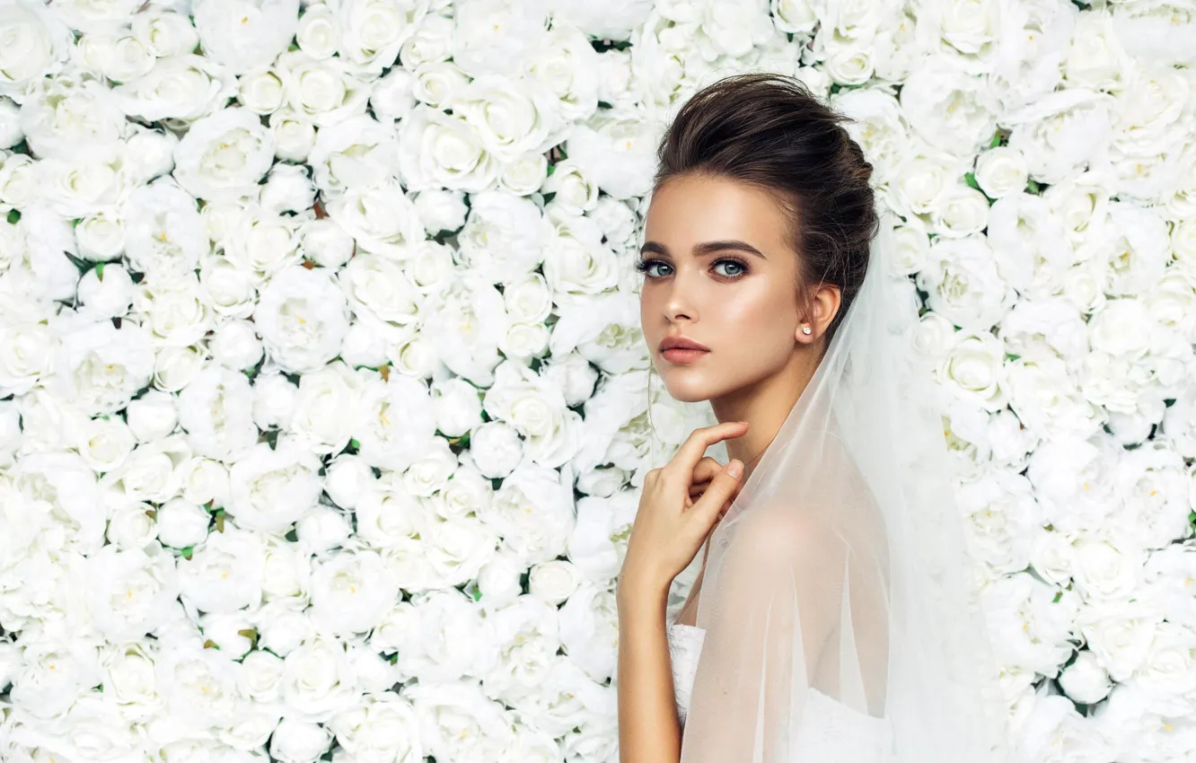 Photo wallpaper look, girl, flowers, face, hand, roses, dress, hairstyle