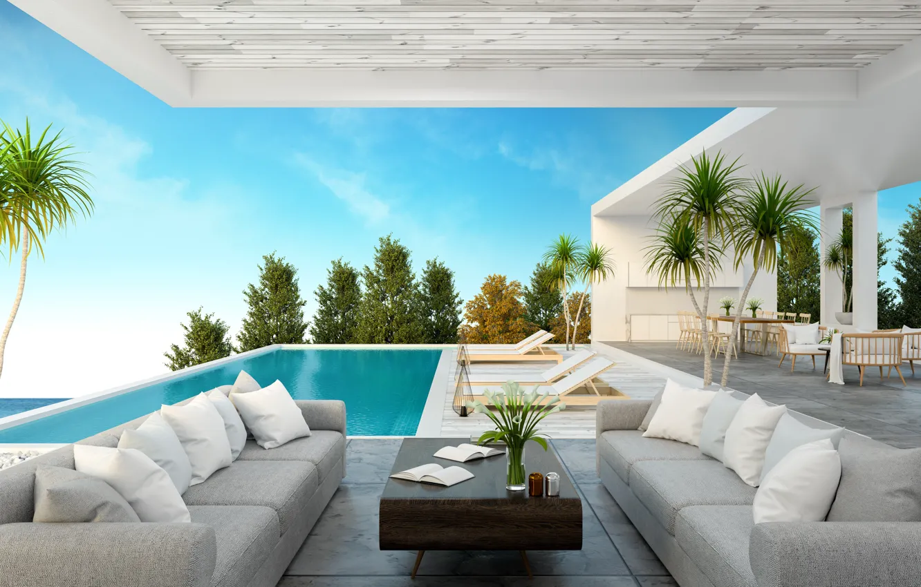 Photo wallpaper room, furniture, home, pool, luxury
