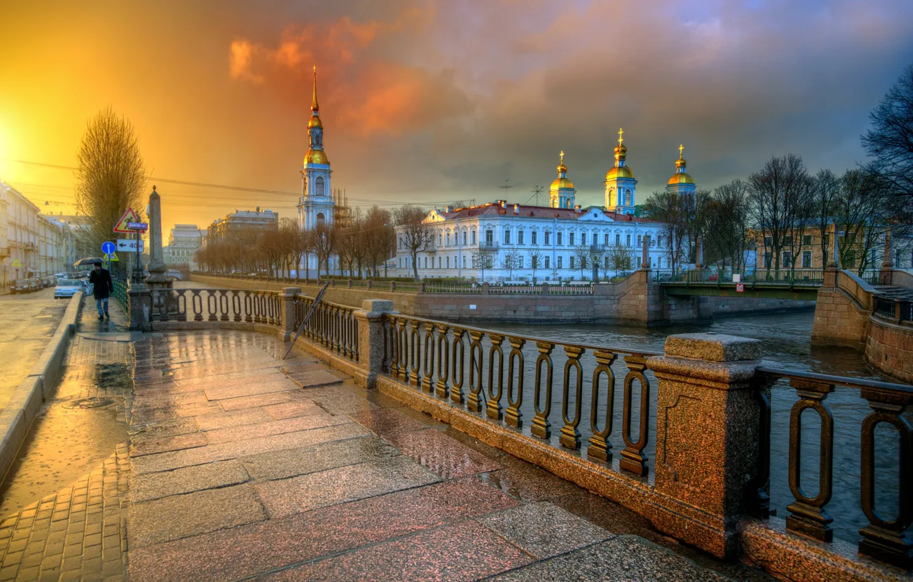 Photo wallpaper river, rain, building, home, Saint Petersburg, channel, Russia, promenade