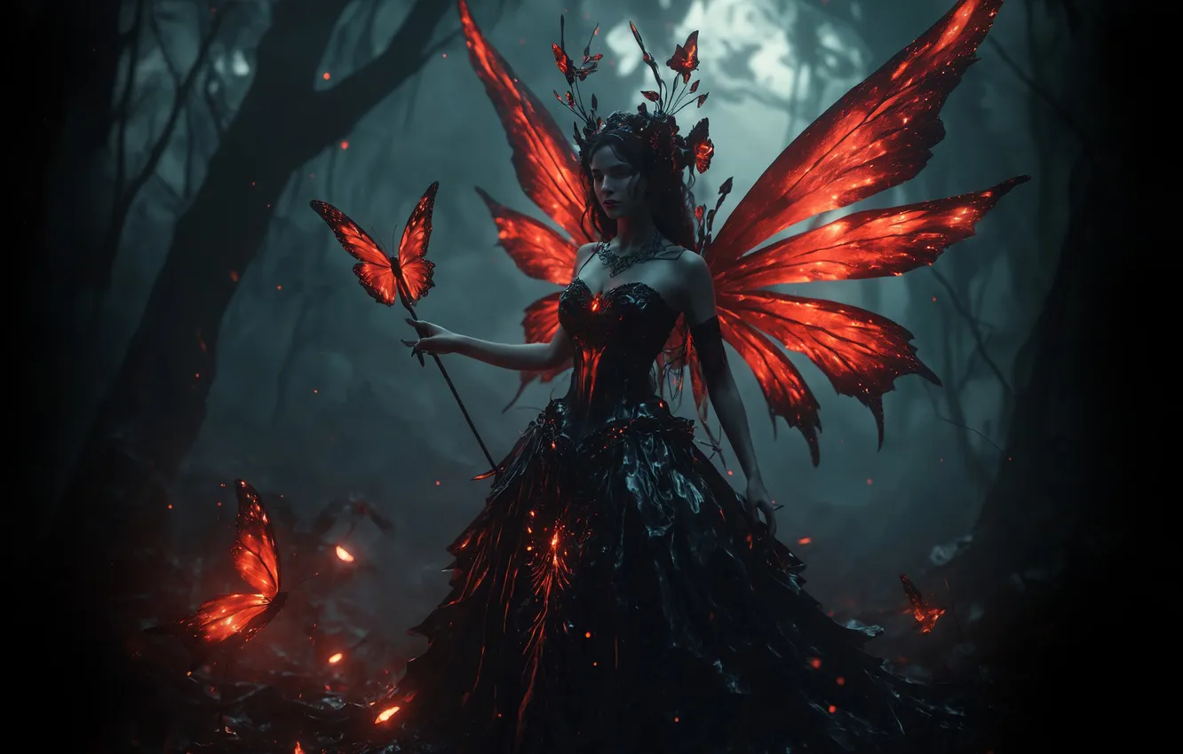 Photo wallpaper forest, girl, night, fog, fairy