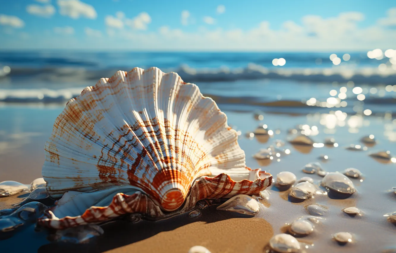 Photo wallpaper sea, beach, the ocean, shore, shell, seashells, seashell, AI art