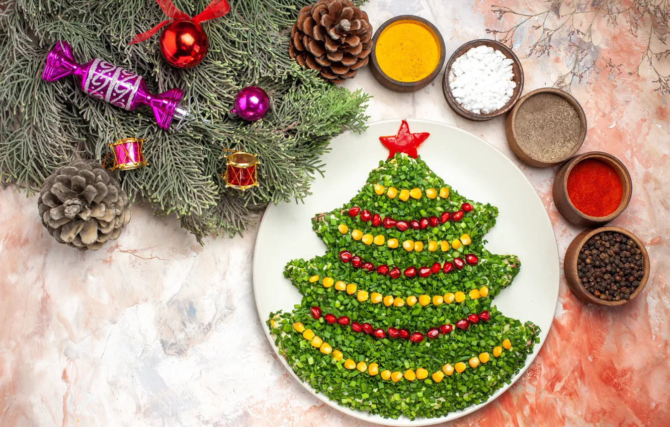 Photo wallpaper greens, stars, balls, branches, new year, corn, bow, plate