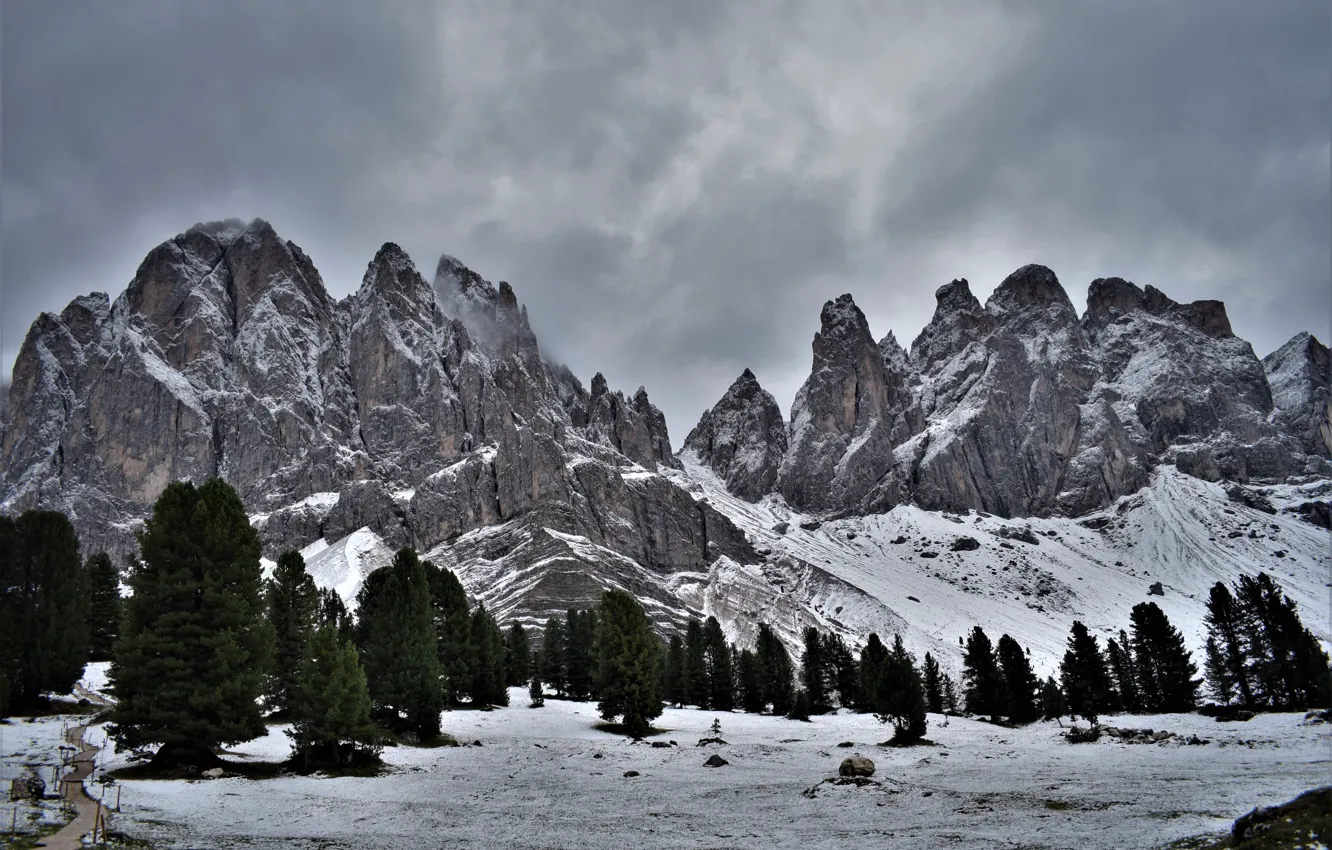 Photo wallpaper winter, the sky, snow, trees, mountains, clouds, nature, rocks