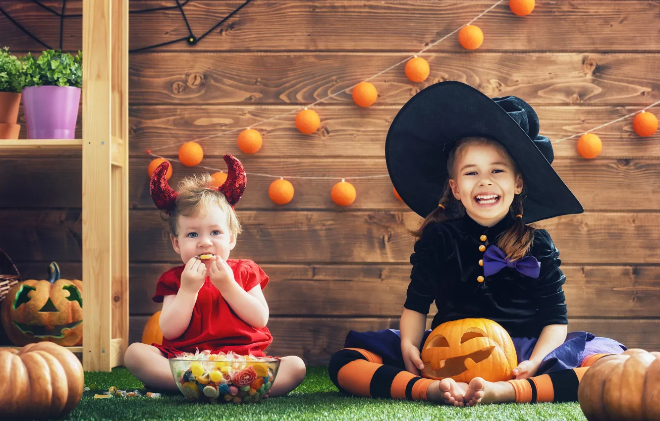 Photo wallpaper children, holiday, hat, candy, girl, Halloween, pumpkin, Halloween