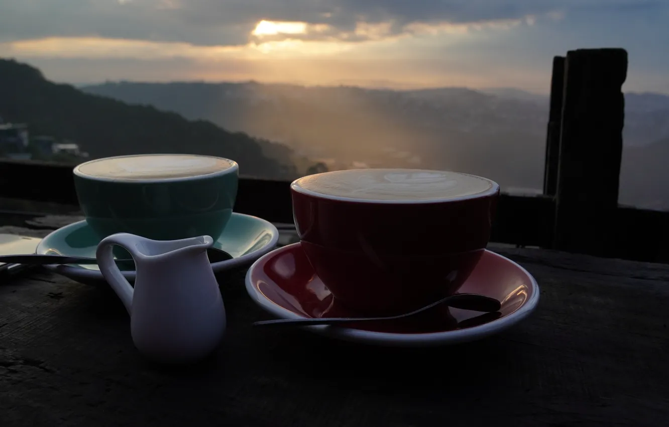 Photo wallpaper the sky, clouds, light, mountains, nature, dawn, view, coffee