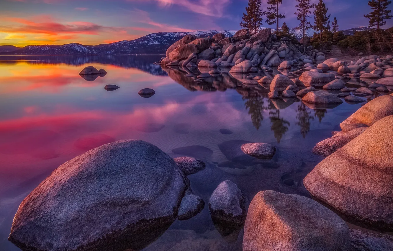 Photo wallpaper trees, sunset, mountains, lake, stones, Nevada, pine, Nevada