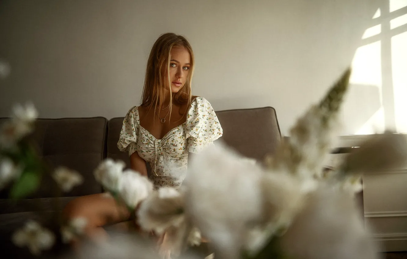 Photo wallpaper look, girl, flowers, sofa, dress, blonde, Maxim Gontarev