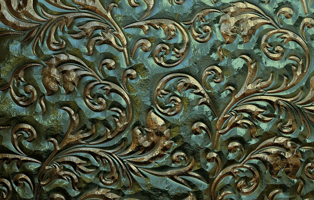 Photo wallpaper leaves, metal, pattern, Shine, texture, gold plated, ornament, green background